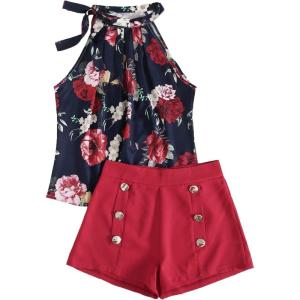 imageSweatyRocks Womens Floral Printed Summer Romper Boho Beach 2 Piece Outfits Top with ShortsNavy Red