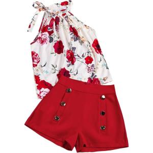 imageSweatyRocks Womens Floral Printed Summer Romper Boho Beach 2 Piece Outfits Top with ShortsRed