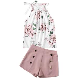 imageSweatyRocks Womens Floral Printed Summer Romper Boho Beach 2 Piece Outfits Top with ShortsWhite Pink