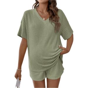 imageSweatyRocks Womens Maternity 2 Piece Outfits V Neck Short Sleeve Top and Elastic Waist Shorts SetArmy Green