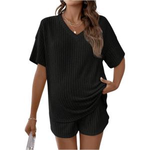 imageSweatyRocks Womens Maternity 2 Piece Outfits V Neck Short Sleeve Top and Elastic Waist Shorts SetBlack