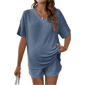 imageSweatyRocks Womens Maternity 2 Piece Outfits V Neck Short Sleeve Top and Elastic Waist Shorts SetBlue