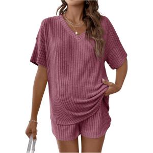 imageSweatyRocks Womens Maternity 2 Piece Outfits V Neck Short Sleeve Top and Elastic Waist Shorts SetBurgundy