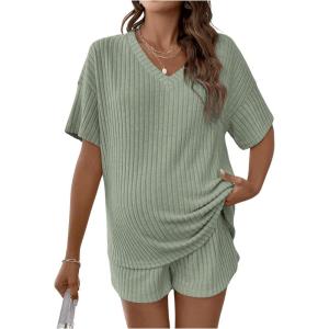 imageSweatyRocks Womens Maternity 2 Piece Outfits V Neck Short Sleeve Top and Elastic Waist Shorts SetGreen