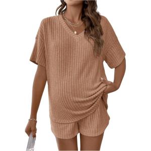 imageSweatyRocks Womens Maternity 2 Piece Outfits V Neck Short Sleeve Top and Elastic Waist Shorts SetKhaki
