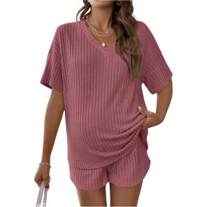 imageSweatyRocks Womens Maternity 2 Piece Outfits V Neck Short Sleeve Top and Elastic Waist Shorts SetRusty Rose