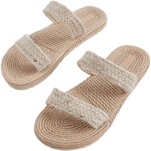 imageSweatyRocks Womens Open Toe Braided Slide Linen Sandal Double Straps Beach Flat SandalsKhaki