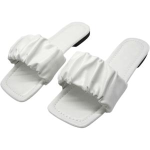 imageSweatyRocks Womens Ruched Slide Sandals Square Open Toe Outdoors Flat Sandals SlippersWhite
