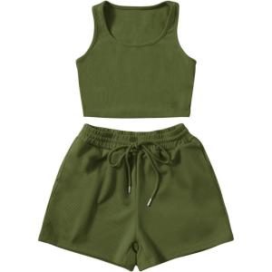 imageSweatyRocks Womens Suit Two Piece Outfits Sleeveless Crop Cami Top and Shorts SetArmy Green