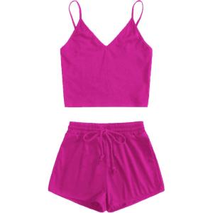 imageSweatyRocks Womens Suit Two Piece Outfits Sleeveless Crop Cami Top and Shorts SetBright Pink