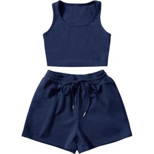 imageSweatyRocks Womens Suit Two Piece Outfits Sleeveless Crop Cami Top and Shorts SetDark Blue
