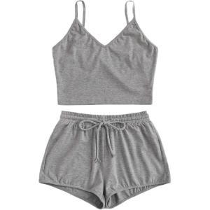 imageSweatyRocks Womens Suit Two Piece Outfits Sleeveless Crop Cami Top and Shorts SetGrey2