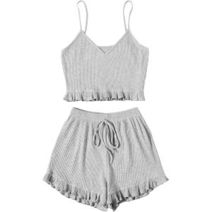 imageSweatyRocks Womens Suit Two Piece Outfits Sleeveless Crop Cami Top and Shorts SetGrey4