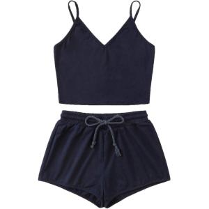 imageSweatyRocks Womens Suit Two Piece Outfits Sleeveless Crop Cami Top and Shorts SetNavy