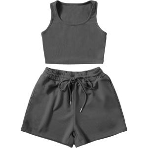imageSweatyRocks Womens Suit Two Piece Outfits Sleeveless Crop Cami Top and Shorts SetPlain Grey