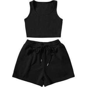 imageSweatyRocks Womens Suit Two Piece Outfits Sleeveless Crop Cami Top and Shorts SetPure Black