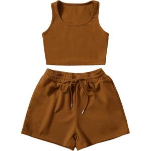 imageSweatyRocks Womens Suit Two Piece Outfits Sleeveless Crop Cami Top and Shorts SetSolid Brown