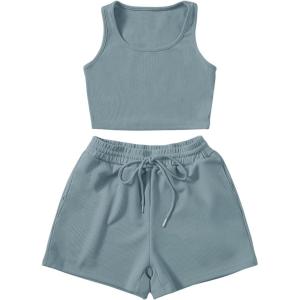 imageSweatyRocks Womens Suit Two Piece Outfits Sleeveless Crop Cami Top and Shorts SetSolid Dusty Blue