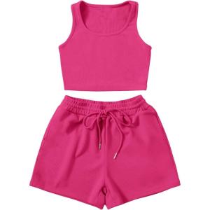 imageSweatyRocks Womens Suit Two Piece Outfits Sleeveless Crop Cami Top and Shorts SetSolid Hot Pink
