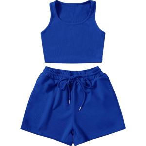 imageSweatyRocks Womens Suit Two Piece Outfits Sleeveless Crop Cami Top and Shorts SetSolid Royal Blue