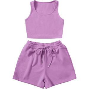 imageSweatyRocks Womens Suit Two Piece Outfits Sleeveless Crop Cami Top and Shorts SetViolet Purple