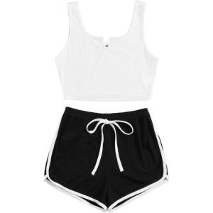imageSweatyRocks Womens Suit Two Piece Outfits Sleeveless Crop Cami Top and Shorts SetWhite Black