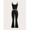 imageSweatyRocks Womens 2 Piece Outfits Contrast Lace Cami Crop Top and Flared Pants SetBlack