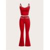 imageSweatyRocks Womens 2 Piece Outfits Contrast Lace Cami Crop Top and Flared Pants SetRed