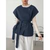 imageSweatyRocks Womens Casual Round Neck Button Front Coat Cap Sleeve Loose Fit Outerwear Jacket with BeltNavy Blue