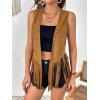 imageSweatyRocks Womens Fringe Open Front Vest Hollow Out Sleeveless Western Vest Tassel JacketsSolid Brown