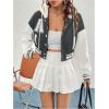 imageSweatyRocks Womens Letter Print Hooded Bomber Jacket Color Block Long Sleeve Cropped Baseball Jacket OuterwearDark Grey