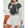 imageSweatyRocks Womens Letter Print Hooded Bomber Jacket Color Block Long Sleeve Cropped Baseball Jacket OuterwearDark Grey
