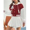 imageSweatyRocks Womens Letter Print Hooded Bomber Jacket Color Block Long Sleeve Cropped Baseball Jacket OuterwearRed