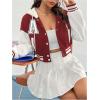imageSweatyRocks Womens Letter Print Hooded Bomber Jacket Color Block Long Sleeve Cropped Baseball Jacket OuterwearRed