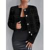 imageSweatyRocks Womens Plaid Long Sleeve Round Neck Button Down Crop Jacket Single Breasted Short Coat TopBlack