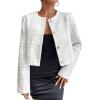 imageSweatyRocks Womens Plaid Long Sleeve Round Neck Button Down Crop Jacket Single Breasted Short Coat TopWhite