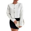 imageSweatyRocks Womens Plaid Long Sleeve Round Neck Button Down Crop Jacket Single Breasted Short Coat TopWhite