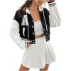 imageSweatyRocks Womens Letter Print Hooded Bomber Jacket Color Block Long Sleeve Cropped Baseball Jacket OuterwearBlack and White