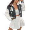 imageSweatyRocks Womens Letter Print Hooded Bomber Jacket Color Block Long Sleeve Cropped Baseball Jacket OuterwearDark Grey