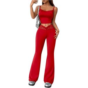 imageSweatyRocks Womens 2 Piece Outfits Contrast Lace Cami Crop Top and Flared Pants SetRed