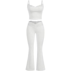 imageSweatyRocks Womens 2 Piece Outfits Contrast Lace Cami Crop Top and Flared Pants SetWhite