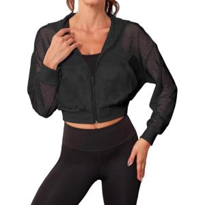 imageSweatyRocks Womens Activewear Hollow Out Mesh Full Zip Hoodie Jacket Crop Top with PocketsBlack