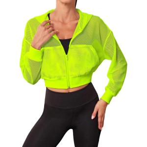 imageSweatyRocks Womens Activewear Hollow Out Mesh Full Zip Hoodie Jacket Crop Top with PocketsBright Yellow