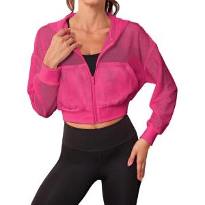 imageSweatyRocks Womens Activewear Hollow Out Mesh Full Zip Hoodie Jacket Crop Top with PocketsHot Pink