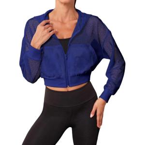 imageSweatyRocks Womens Activewear Hollow Out Mesh Full Zip Hoodie Jacket Crop Top with PocketsRoyal Blue