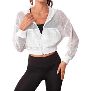 imageSweatyRocks Womens Activewear Hollow Out Mesh Full Zip Hoodie Jacket Crop Top with PocketsWhite