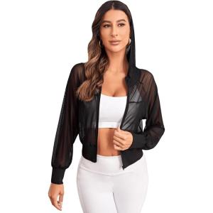 imageSweatyRocks Womens Activewear Long Sleeve Hooded Sheer Mesh Sports Jacket Workout Crop TopBlack
