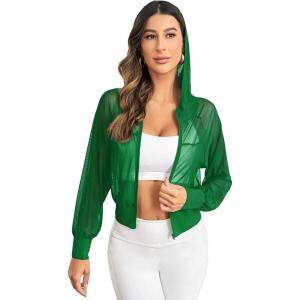 imageSweatyRocks Womens Activewear Long Sleeve Hooded Sheer Mesh Sports Jacket Workout Crop TopGreen
