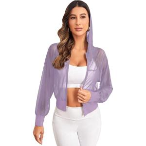 imageSweatyRocks Womens Activewear Long Sleeve Hooded Sheer Mesh Sports Jacket Workout Crop TopMauve Purple