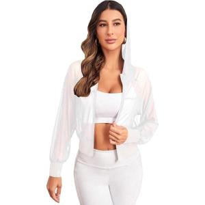 imageSweatyRocks Womens Activewear Long Sleeve Hooded Sheer Mesh Sports Jacket Workout Crop TopSolid White